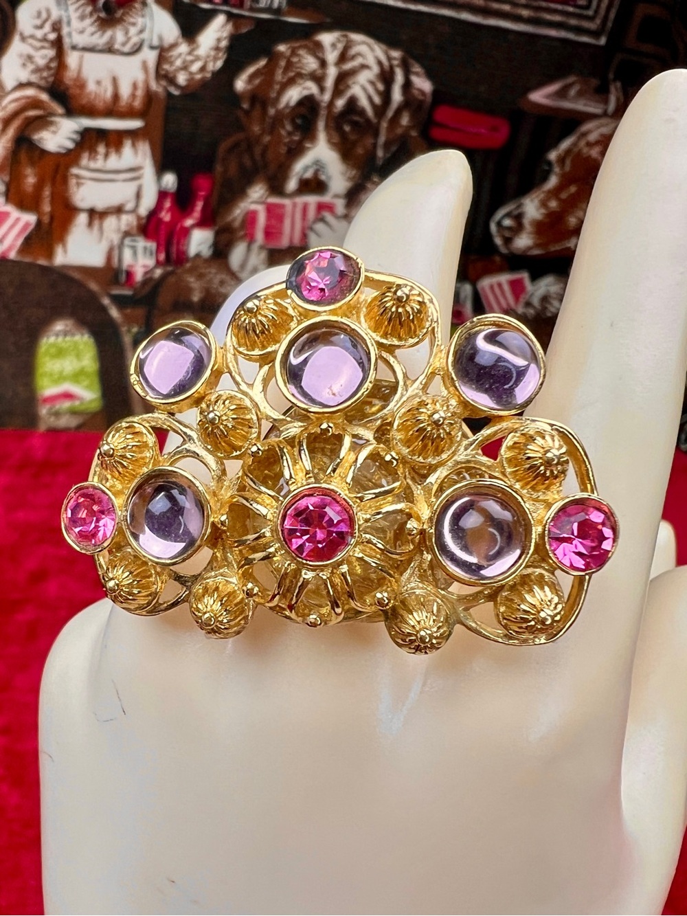 Jose Barrera for Avon Vintage Remix Ring, Gold w/ Purple & Pink Crystals, SIGNED